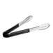 Two black and silver Choice stainless steel scalloped tongs with black coated handles.
