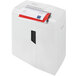 A white HSM ShredStar X12 shredder with red and white paper in it.
