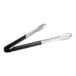 Choice 16" stainless steel tongs with black handles.