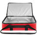 A red cooler bag with black straps and a zipper.