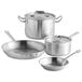A Vigor stainless steel cookware set including a sauce pan, fry pans, and a stock pot.