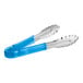 A pair of Choice stainless steel tongs with blue coated handles.