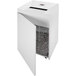 A white HSM Pure 630c paper shredder with a clear drawer open.