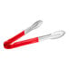 A pair of red and silver stainless steel tongs with a scalloped edge and red coated handles.