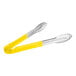 A pair of stainless steel tongs with yellow handles.