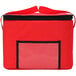 A red rectangular Sterno School Nutrition insulated snack tote delivery bag with black trim and a clear window.