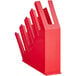 A red plastic Choice countertop organizer with sections.