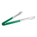A pair of stainless steel tongs with green coated handles.