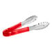 Two red and silver stainless steel Choice scalloped tongs with red coated handles.