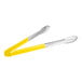 A pair of Choice stainless steel tongs with yellow coated handles.