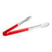 A pair of Choice stainless steel tongs with red coated handles.