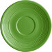 An Acopa Capri palm green stoneware saucer with a circular edge.