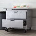 A stainless steel undercounter refrigerator with 2 drawers.