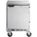 A stainless steel Beverage-Air undercounter freezer on wheels.