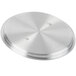 A silver circular aluminum lid with a circular pattern and a hole in the center.