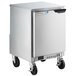 A stainless steel Beverage-Air undercounter refrigerator with black wheels.