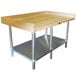 An Advance Tabco wood top baker's table with a galvanized metal undershelf.