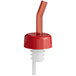 A red plastic Choice whiskey pourer with a white base.