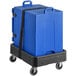 A blue CaterGator insulated food pan carrier on a black dolly.