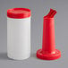 A white plastic container with a red lid and pour cone.