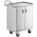 A Regency stainless steel utility cart with enclosed base and locking doors.