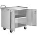 A stainless steel Regency utility cart with open doors.