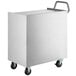 A white stainless steel utility cart with enclosed shelves and locking doors on wheels.