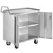 A Regency stainless steel utility cart with two open doors.