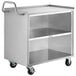A Regency stainless steel utility cart with two shelves on wheels.