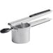 An OXO stainless steel potato ricer with black accents.
