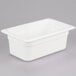 A Cambro white plastic food pan with a lid.