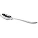 An Acopa Monte Bianco stainless steel bouillon spoon with a black handle.