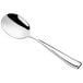 An Acopa Monte Bianco stainless steel bouillon spoon with a silver handle.