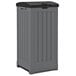 A grey Suncast outdoor waste container with a black lid.
