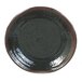 A black melamine plate with a black and brown spiral pattern around the rim.
