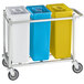 A metal cart with three Baker's Mark plastic ingredient bins in blue, white, and yellow.