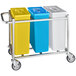 A metal cart with three Baker's Mark ingredient bins in blue, white, and yellow.
