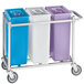 A white Baker's Mark cart with three blue, white, and purple ingredient bins.