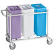A white Baker's Mark triple ingredient bin cart with blue, white, and purple bins and clear lids.