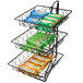 A Cal-Mil wire merchandiser with three square baskets holding snacks.