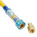 A blue and yellow Dormont gas connector hose with a brass fitting.