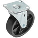 A black swivel plate caster with a silver metal plate and black wheel.