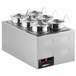 A silver rectangular countertop food warmer with six silver metal containers and lids.