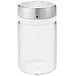 An OXO Good Grips clear glass shaker with a silver top.