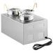 A silver rectangular ServIt countertop food warmer with three metal containers on top.
