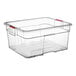 An Araven clear plastic food drain box with red handles.