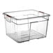 A clear plastic Araven food drain box with red handles.