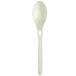 A white compostable plastic spoon with a cross cutout on the handle.