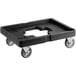 A black plastic dolly with wheels for a Choice 6-pan insulated food pan carrier.