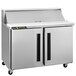 A silver Traulsen refrigerated sandwich prep table with 2 left hinged doors.